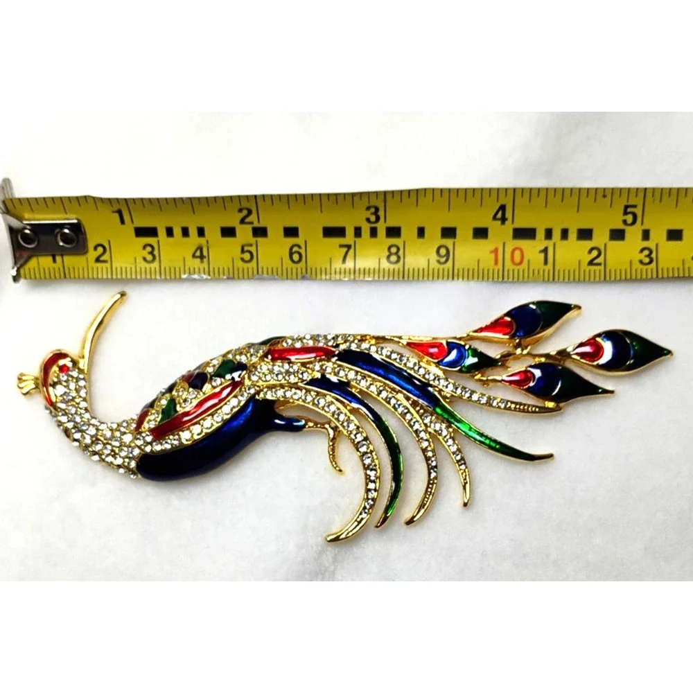 Large Peacock Brooch Pin Rhinestone Enamel Multicolor Statement Bird